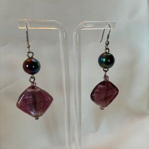 Earrings - dangling iridescent ball with purple square bead.